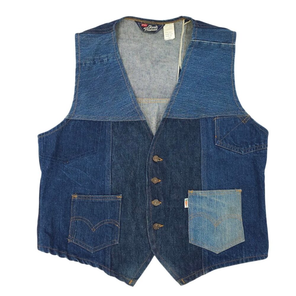 Levis Fresh Produce Patchwork Denim Vest L Buckle Back Vintage 70s Button Front